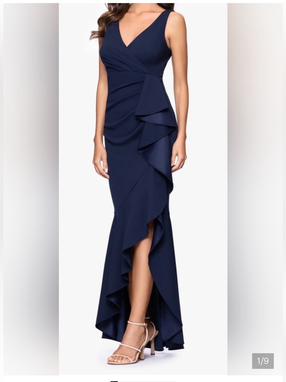 Betsy & Adam Navy Sleeveless High-Low Ruffle Dress